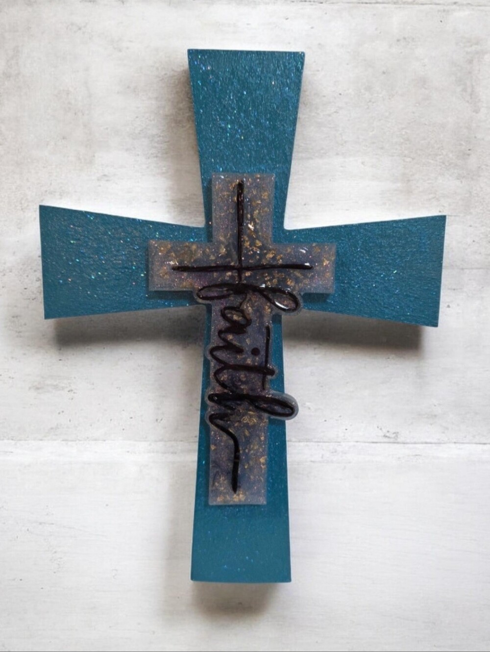 Handmade Teal Cross with Gold-Flecked Resin 'Faith' Accent